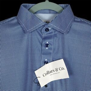 Collars & Co Polo Shirt Mens Small Navy Blue Houndstooth Dress Collar Preppy NWT